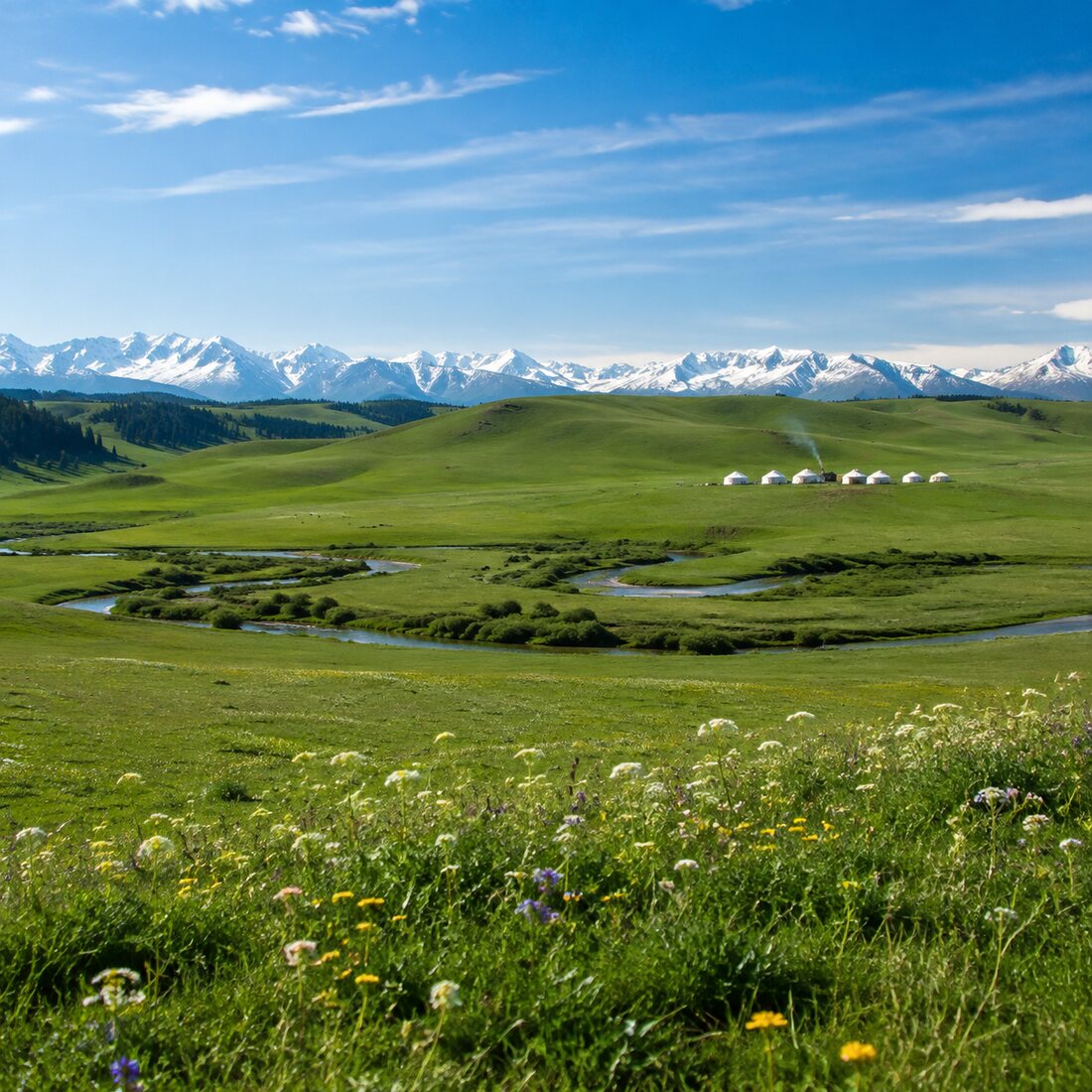 新疆伊犁草原与远处雪山